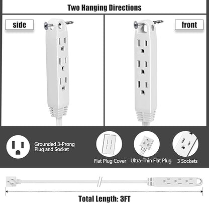 CABOCASA 2 Pack 3FT Flat Plug Extension Cord Power Strip with Multi Outlets, Patented Detachable Ultra-Thin Outlet Concealer & Ultra-Flat Plug, Ideal for Home Improvement, Hide Bulky and Messy Cords