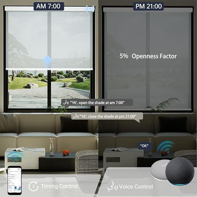 Motorized Solar Shades, Light Filtering Smart Blinds for Windows Automatic Blinds Compatible with Alexa, Falme Resistant Roller Shades Customized for Office Living Room (5% Openness White)