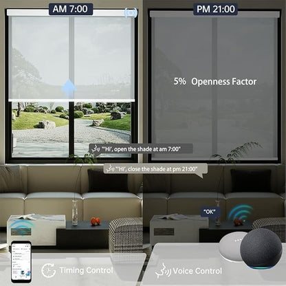 Motorized Solar Shades, Light Filtering Smart Blinds for Windows Automatic Blinds Compatible with Alexa, Falme Resistant Roller Shades Customized for Office Living Room (5% Openness White)