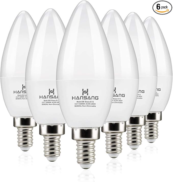LED Candelabra Bulbs 6 Watt (60 Watt Equivalent),Daylight 5000K,600lm RA>83,Candle Bulb Base E12 for Chandelier B11 Ceiling Fan Bulb Non-Dimmable (6 Pack)