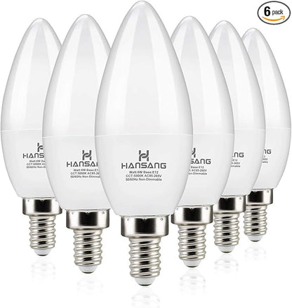LED Candelabra Bulbs 6 Watt (60 Watt Equivalent),Daylight 5000K,600lm RA>83,Candle Bulb Base E12 for Chandelier B11 Ceiling Fan Bulb Non-Dimmable (6 Pack)