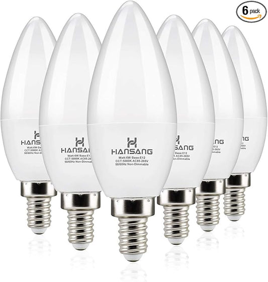 LED Candelabra Bulbs 6 Watt (60 Watt Equivalent),Daylight 5000K,600lm RA>83,Candle Bulb Base E12 for Chandelier B11 Ceiling Fan Bulb Non-Dimmable (6 Pack)