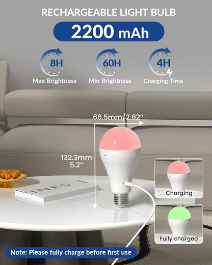 E26 Rechargeable Led Light Bulbs with Remote, 15 Colors Dimmable E26 Battery Operated Light Bulb with Timer, Emergency Rechargeable Light Bulbs, Up to 35 Hours, 2 Packs