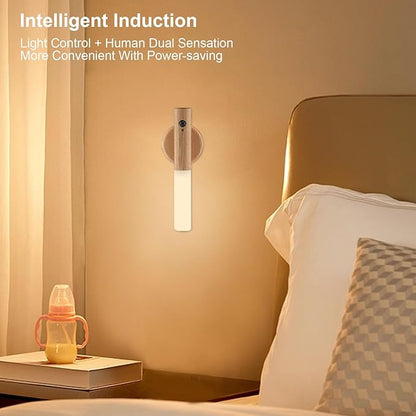 LANDGOO LED Automatic Motion Sensor Lights Wall Lamps Set of 2 Sconces Battery Operated Rechargeable Portable Magnetic 360° Rotation Cordless for Bedroom Bedside (White Ash Wood 2pcs)
