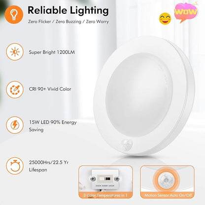 Motion Sensor LED Ceiling Light, 15W(100W Equivalent) & 1200LM, 3 Colors in 1(3000K/4000K/5000K), 7.5inch Flush Mount Lighting Fixture for Doorway, Stairway, Corridor, Pack of 2, Non-Dimmable, White