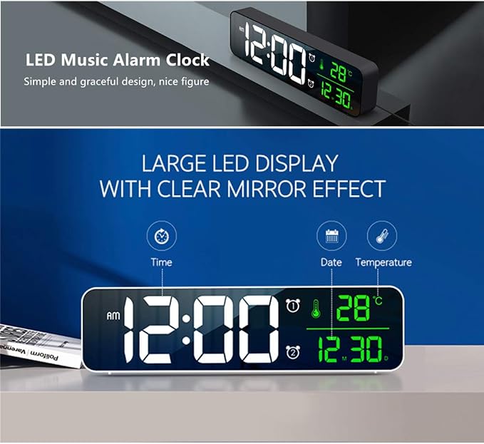 Digital Clock, Clock for Bedroom, Clocks for Living Room Decor, Desk Table Clock, Alarm Clock Large Display with Date Week Temperature, Automatic Brightness Dimmer, Smart Cool Modern (White green)
