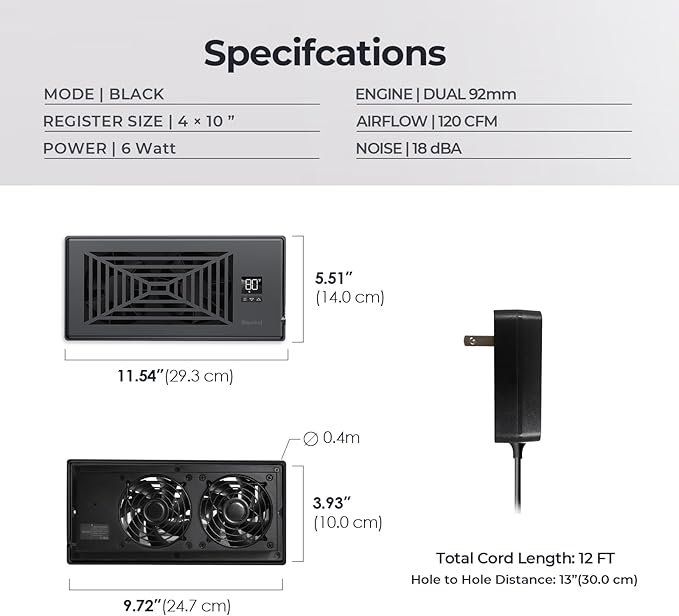 BIOWIND Quiet Register Booster Fan Fits 4" x 10" Register Holes, 10-Speed Smart Heating Cooling AC Vent Fan with Remote Control and Thermostat Control - Black