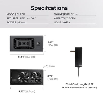 BIOWIND Quiet Register Booster Fan Fits 4" x 10" Register Holes, 10-Speed Smart Heating Cooling AC Vent Fan with Remote Control and Thermostat Control - Black