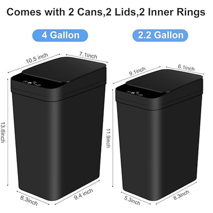 Anborry Bathroom Automatic Trash Can 2 Pack 2.2 Gal & 4 Gal Touchless Motion Sensor Small Garbage Can with Lid Smart Electric Narrow Garbage Bin for Bedroom Office Kitchen (Black)