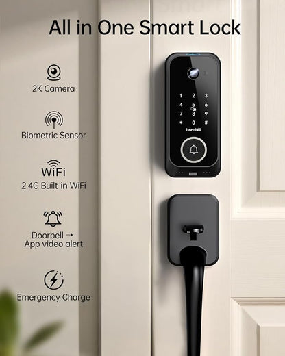 Video Smart Lock with Camera: 4-in-1 Ring+2K Camera+Doorbell+Fingerprint Hornbill Keyless Entry Door Lock, Built-in WiFi Deadbolt(only 2.4G), Two-Way Audio/App Remote Control/PIR, No Monthly Fee
