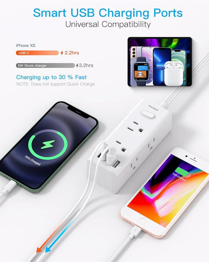 15Ft Extension Cord with Multiple Outlets, Flat Plug Power Strip Surge Protector with 15 Ft Long Cord, 6 Outlet 3 USB Ports (2 USB C), Multi Outlet Wall Plug for Travel, College, Dorm Room Essentials