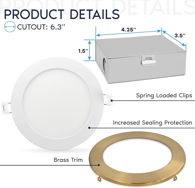 LUXRITE 6 Inch Ultra Thin LED Recessed Light with J-Box, 12W, 5 Color Options 2700K | 3000K | 3500K | 4000K | 5000K, Dimmable Wafer Light, 1000 Lumens, Brass Trim, Energy Star, IC Rated
