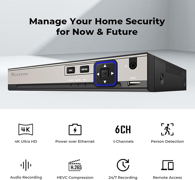 4K 6CH Network Video Recorder for Security Camera System, Support 4K/5MP/4MP/3MP/1080P IP Camera H.265+ PoE NVR, Face Detection, 24/7 Recording, 6 Port PoE 10CH NVR(HDD Not Included)