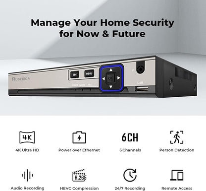4K 6CH Network Video Recorder for Security Camera System, Support 4K/5MP/4MP/3MP/1080P IP Camera H.265+ PoE NVR, Face Detection, 24/7 Recording, 6 Port PoE 10CH NVR(HDD Not Included)