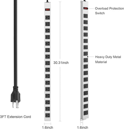 JUNNUJ Metal 16 Outlet Power Strip, Mountable Heavy Duty Power Strip, 1200J Surge Protector Wall Mount Screws Outlet with Switch, Gaming Desk Strips Wide Spaced 15A 125V 1875W, 3 FT 14AWG Power Cord