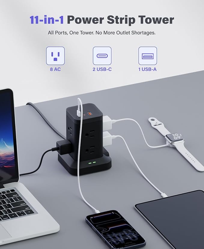 Power Strip Surge Protector, Fast Charging PD20W USB-C Tower, Black, 10FT | 8 AC Outlets with 2 PD20W USB-C & 1 USB-A Tatal 11 Outlets; Extension Cord for Multiple Devices; for Home Office Dorm Room