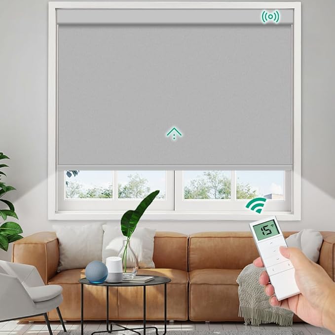 Motorized Roller Shades, 10O% Blackout Waterproof Remote Control Custom Window Shades Work with Alexa Google Assistant via RF Hub, Rechargeable Electric Blinds for Windows (Vinyl Dark Grey)