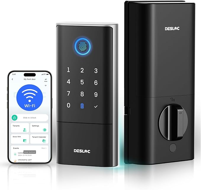 DESLOC Smart Lock K120 with GPT 3D Fingerprint, 15,000mAh Battery (Up to 16 Months), Keyless Entry Door Lock with Built-in WiFi, IP65 BHMA Grade 3 Deadbolt for Home, Rental & Airbnb, Black