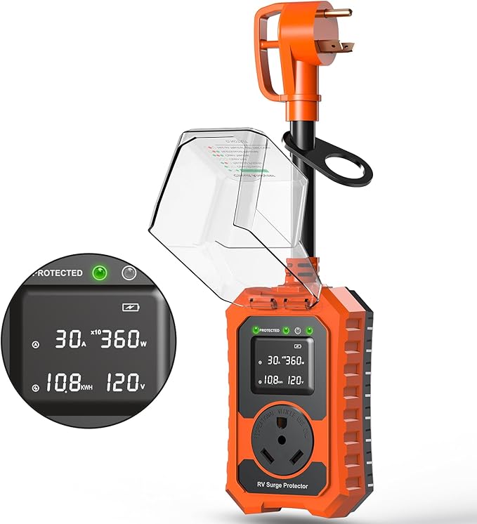 RV Surge Protector 30 Amp Waterproof- Smart 30Amp Power Protectors with Real-Time KWH, Voltage, and Current Monitor Large Screen, LED Display Circuit Analyzer for Camper Travel Trailer
