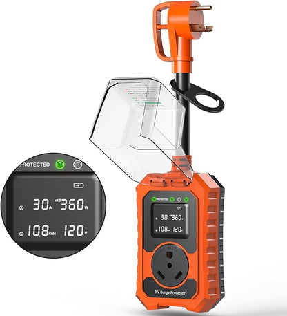 RV Surge Protector 30 Amp Waterproof- Smart 30Amp Power Protectors with Real-Time KWH, Voltage, and Current Monitor Large Screen, LED Display Circuit Analyzer for Camper Travel Trailer