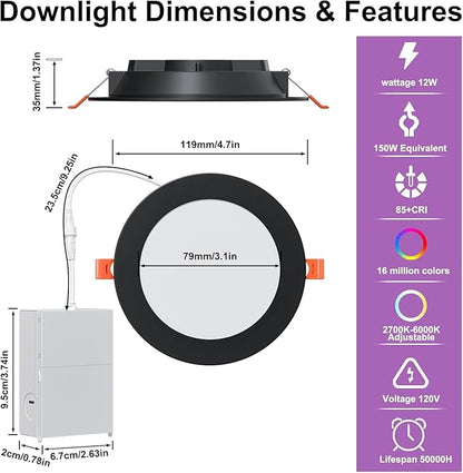 Recessed Lighting 4 Inch RGBCW Color Changing 12W LED Downlights with Junction Box,1080Lumens Canless LED Recessed Ceiling Lights Dimmable by Remote Control,Memory,Timer,Delayed Off,3 Modes, 12Pack