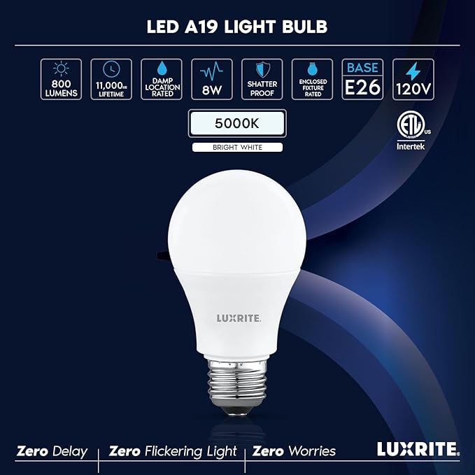 LUXRITE A19 LED Light Bulb 60 Watt Equivalent, Non-Dimmable, 5000K Bright White, 800LM, Standard LED Light Bulbs 8W, E26 Base, Enclosed Fixture Rated, Damp Rated, ETL Listed (48 Pack)