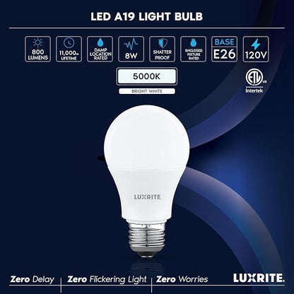 LUXRITE A19 LED Light Bulb 60 Watt Equivalent, Non-Dimmable, 5000K Bright White, 800LM, Standard LED Light Bulbs 8W, E26 Base, Enclosed Fixture Rated, Damp Rated, ETL Listed (24 Pack)