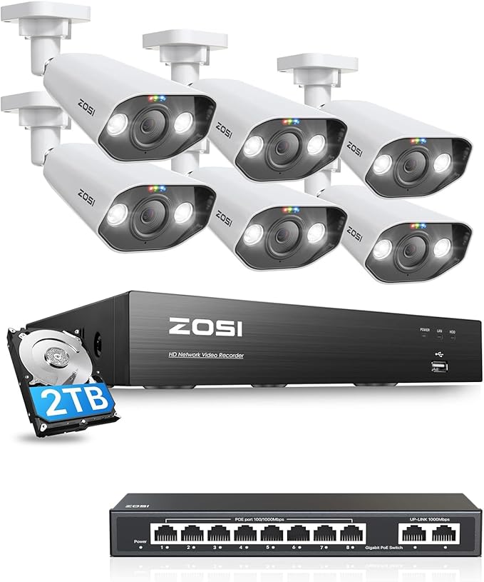 ZOSI 4K PoE Security Camera System with 8 Port Gigabit PoE Switch | 6pcs 4K Outdoor Indoor Cameras, 8MP NVR with 2TB HDD, Person/Vehicle Detection, 2-Way Audio, Spotlight & Siren.