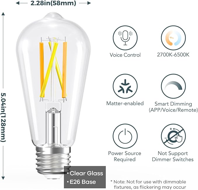 Linkind Matter ST19 Smart Light Bulb 4 Pack Matter Smart Bulbs, ST19 Led Bulb Compatible with Alexa, 1 Pack