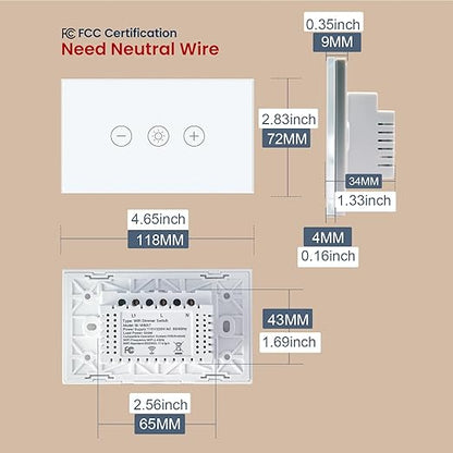Smart Dimmer Switch 4.65 X 2.83 X 1.34 Inches,Neutral Wire Required,2.4GHz WiFi Dimmer Light Switch,Tempered Glass Panel,Work with Tuya/Smart Life,White WiFi Dimmer