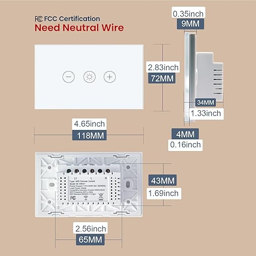 Smart Dimmer Switch 4.65 X 2.83 X 1.34 Inches,Neutral Wire Required,2.4GHz WiFi Dimmer Light Switch,Tempered Glass Panel,Work with Tuya/Smart Life,White WiFi Dimmer
