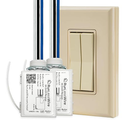 RunLessWire Fan & Light Battery-Free DIY Wireless Light Switch Kit 150ftRF Range Kinetic for Bathrooms & Ceiling Fans: 1 Dual Remote Switch Controls 2 5A On/Off Receivers Separately Light Almond