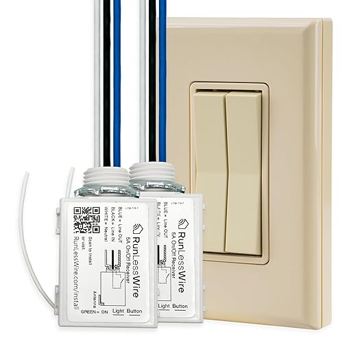 RunLessWire Fan & Light Battery-Free DIY Wireless Light Switch Kit 150ftRF Range Kinetic for Bathrooms & Ceiling Fans: 1 Dual Remote Switch Controls 2 5A On/Off Receivers Separately Light Almond