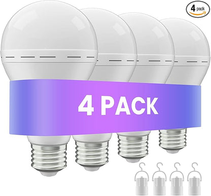 Emergency Rechargeable Led Light Bulb with Hook,Stay Lights Up When Power Failure, 1500mAh 12W 60W Equivalent LED Light Bulbs for Home, Camping, Hiking, 4 Pack