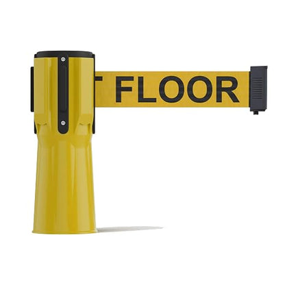 Trafford Industrial 11 Ft. Cone-Mounted Retractable Belt Barrier Yellow Case with Yellow"Caution - Wet Floor" Black LettersBelt