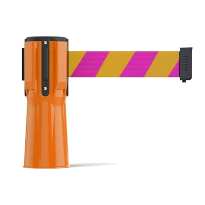 Trafford Industrial 11 Ft. Cone-Mounted Retractable Belt Barrier Orange Case with Magenta and Yellow Diagonal Belt