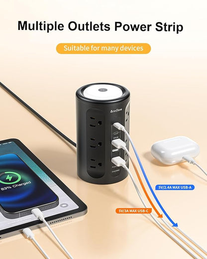 AnnTane Power Strip Tower with Night Light, Power Strip Surge Protector with USB Ports, Extension Cord 10 FT with Multiple Outlets (12AC+3A+2C) for Home Office Desk DormRoom (Black)