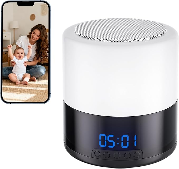 Security Camera Indoor for Home - Bluetooth Speaker - Homekit Camera - 1080P Clock Camera with 160°Rotating Viewing Angle - Night Light - AI Motion Detection (Black and White)