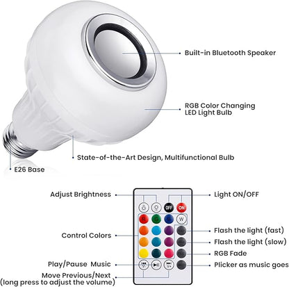 LED Light Bulb Bluetooth Speaker with Remote Control and APP, White+Color Changing - Works with E26 Base Fixture - Perfect Lamp for Home, Party, Bedroom, Indoor Floodlight Bulb