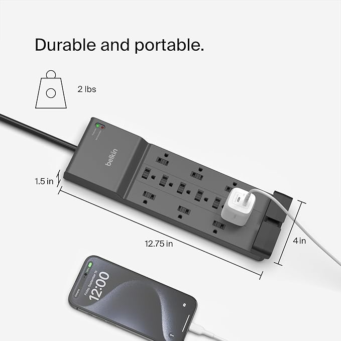 Belkin Power Strip Surge Protector - 12 AC Multiple Outlets & 8 ft Long Flat Plug Heavy Duty Extension Cord for Home, Office, Travel, Computer, Laptop & Phone Charging Brick (3,940 Joules), Pack of 3