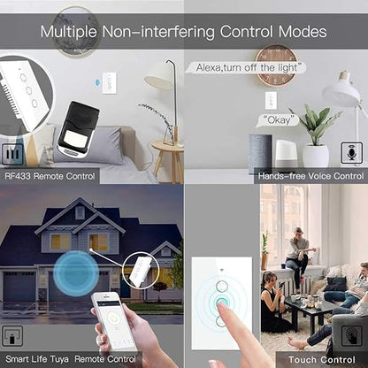 MoesGo 2nd Generation WiFi RF433 Smart Touch Wall Single Fire Smart Switch，No Neutral Wire Needed,Compatible with Smart Life/Tuya App, Works with Alexa and Google Home Single Pole 110V White 3 Gang