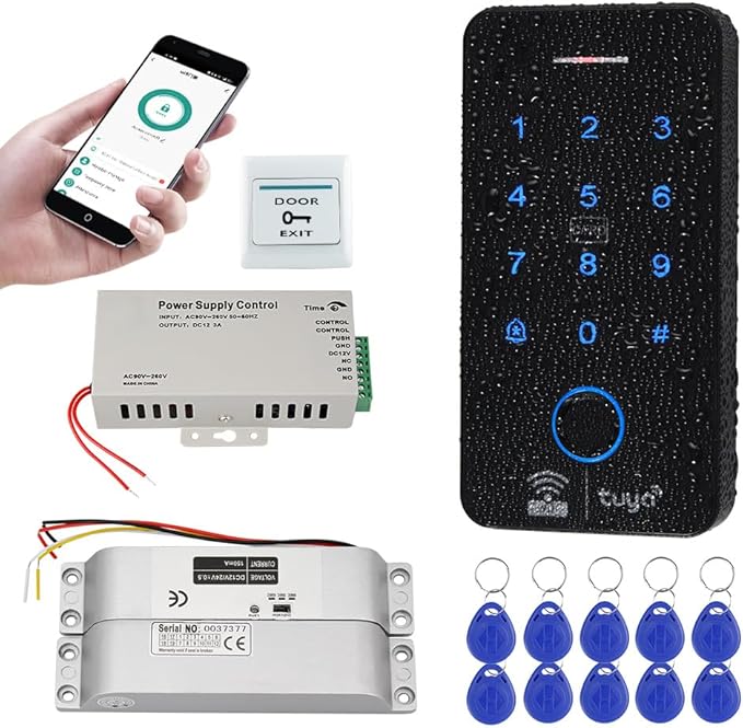 Fingerprint WiFi Tuya Access Control System Kit with Electric Drop Bolt Lock, IP68 Biometrics Access Control Keypad 125KHz 13.56MHz + 10PCS RFID Key fobs, Smart APP Remote Unlock