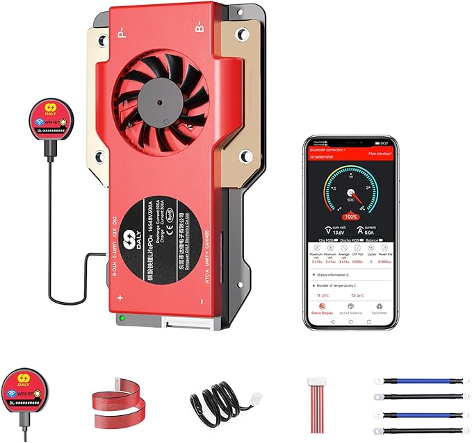 DALY Smart BMS 4S-16S 40A-500A with WiFi Module and CAN 485 Communication Protection Board for LifePO4 Lithium Battery Pack (Smart BMS 16S 48V，300A)