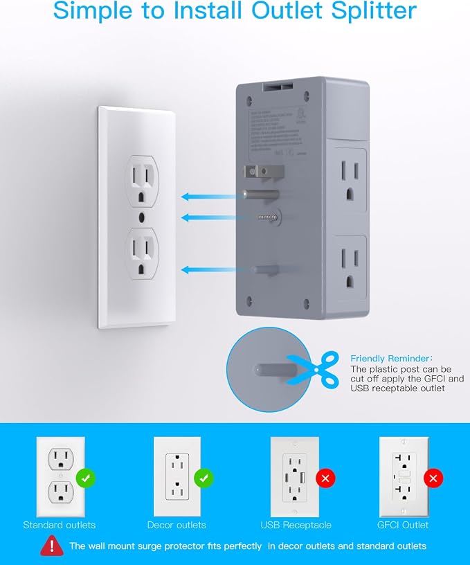One Beat Surge Protector Wall Outlet Extender, 5 Outlets & 4 USB Ports (2 USB-C), 1680J, 3-Sided Multi Plug Outlet Adapter, Outlet Splitter, Wall Mount, ETL Listed for Home Office Travel-Grey
