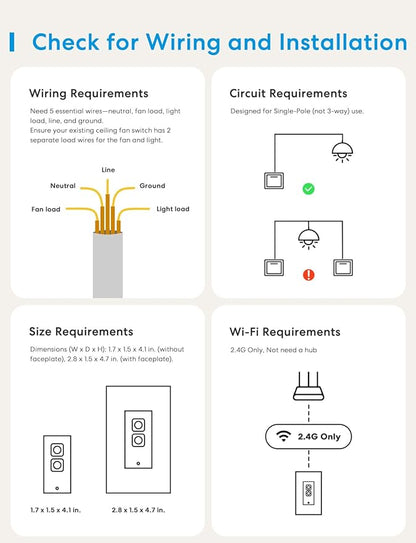 meross Smart Ceiling Fan Control and Dimmer Switch, Supports Apple HomeKit, Alexa, Google & SmartThings, 2.4G Wi-Fi Fan and Light Switch Combo, 4 Fan Speed, Neutral Wire Needed, Single Pole, 2 Pack