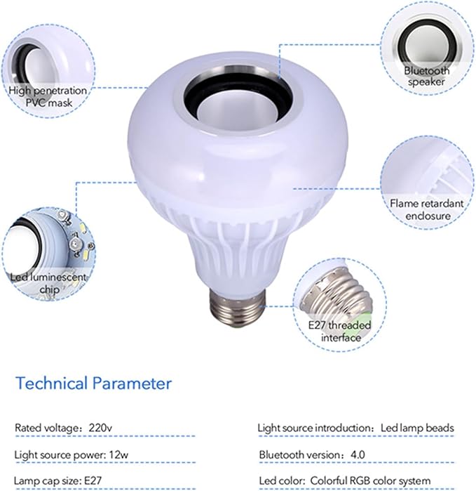 FTVOGUE LED RGB Bulb Light Smart Bluetooth Music Audio Speaker Changing Color Lamp E27 12W with Remote for Living Room Bathroom