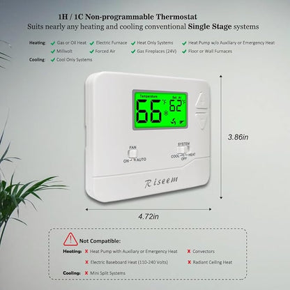 NonProgrammable Thermostat for House, Single-Stage Systems,Digital Energy-Saving Thermostat,1 Heat/1 Cool, Easy DIY Install，Green Backlight