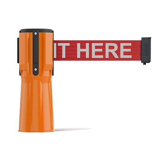 Trafford Industrial Cone-Mounted Retractable Belt Barrier, 11 Ft. | Orange ABS Case, Red 2-Inch Herringbone Webbing, "Please Wait Here" in White, Belt-Braking Retraction Control, 4-Way Receiver