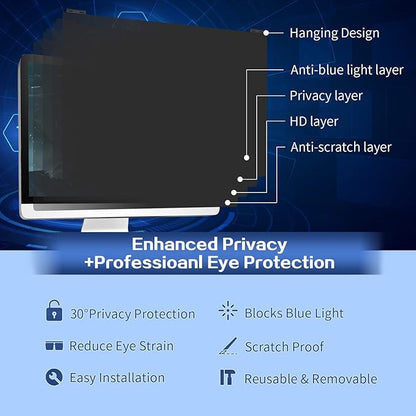 Computer Privacy Screen Filter 22 Inch, 9H Hardness Hanging Computer Screen Privacy Shield Compatible with 16:10 Widescreen Monitor, Eye Protection and Blue Light Blocks