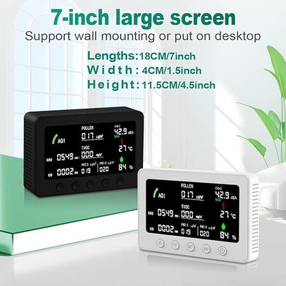 10 in 1 Air Quality Monitor Indoor,with APP 7" Display,Detectors for CO2，Pollen,Noise,Decibel Meter,TVOC,PM1.0,PM2.5,AQI,Temp and Humid,Air Quality Meters for Home,Office (Black)